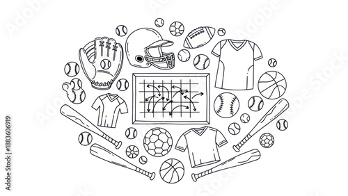 Sports equipment and gear illustration in black and white isolated design