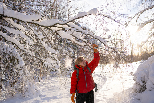Фотография Blond Woman standing under a pine tree in a sunny winter forest