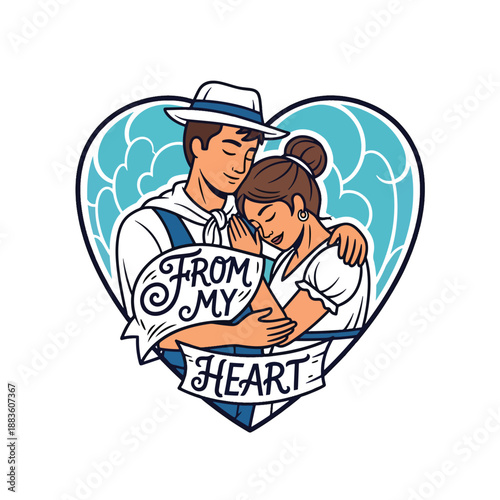 Romantic embracing couple illustration expressing heartfelt love and affection in a charming vintage style
