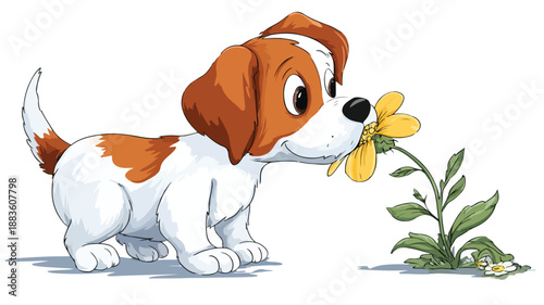 Playful Cartoon Cute Dog Biting Flower Vector Illustration