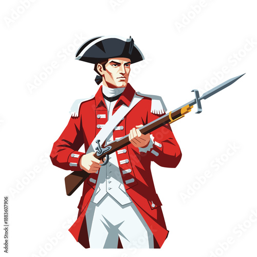 Isolated vector illustration of a historical soldier in red uniform, holding a musket with a bayonet, ready stance.