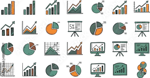 Collection of hand-drawn chart icons representing financial data and analytics for business presentations and web design isolated on white