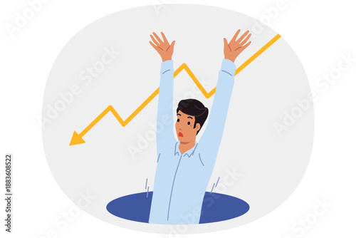 Man falls into crisis pit and raises hands up calling for help to avoid bankruptcy. Crisis graph near guy who was fired from job and suffering professional failures on way to success