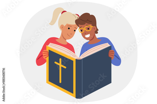 Childrens bible in hands of little boy and girl studying christian literature about catholic faith. Kids book bible with religious crucifix on cover, to explain gospel in accessible language