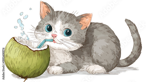Adorable Cat Drinking Coconut Water Vector Illustration