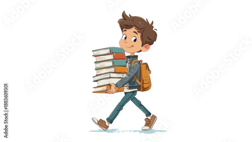 Adorable Schoolboy Carrying Books Vector Illustration with Outline Isolated