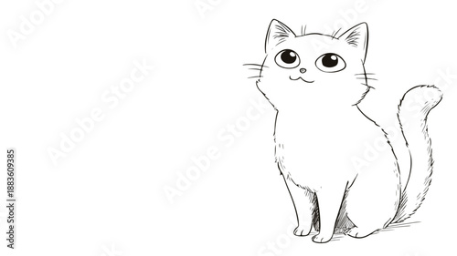 Adorable Cartoon White Cat with Outline, Isolated on White Background
