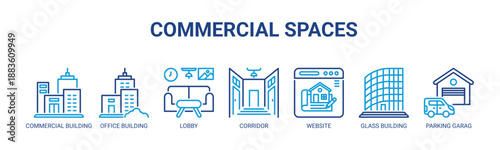 Commercial Spaces web banner icon vector illustration concept with icons of commercial building, office building, lobby, corridor, website, glass building, parking garage.