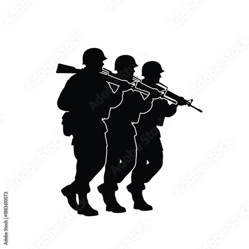 Silhouette vector illustration of military personnel marching in formation with rifles