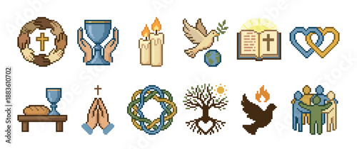 Set of pixel art Christian icons featuring religious symbols like the cross, dove, chalice, bible, and praying hands, representing faith, community, and spirituality in a retro 8-bit style