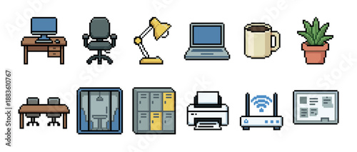 Set of pixel art office icons featuring a computer, desk, chair, laptop, printer, and other workspace equipment in a retro 8-bit video game style illustration