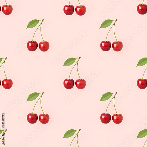 Seamless repeating pattern of cherries, front view, evenly spaced, flat composition, minimal design, soft pastel pink background, soft diffused lighting, commercial stock pattern.