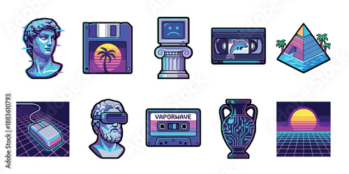 Set of ten retrofuturistic vaporwave icons showing classical busts, vintage electronics, and digital landscapes with a nostalgic 80s and 90s aesthetic in bright neon colors