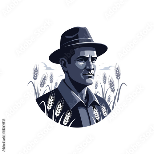 Monochrome illustration of a determined farmer in a hat in a wheat field at sunrise.