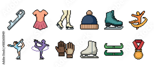 Collection of figure skating pixel art icons featuring equipment like skates, gloves, and a medal, alongside athlete poses in a retro 8-bit video game style