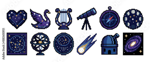 Set of pixel art astronomy icons featuring a telescope, galaxy, constellation, compass, and observatory in a charming retro 8-bit video game style