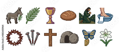 Set of Christian Holy Week pixel art icons showing symbols of the Easter story like the cross, empty tomb, crown of thorns, and donkey in a retro 8-bit video game style