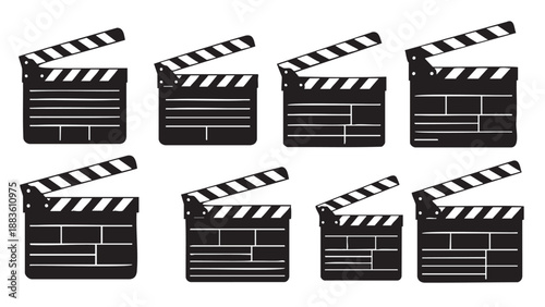 Set of eight film production clapperboards with blank spaces for details