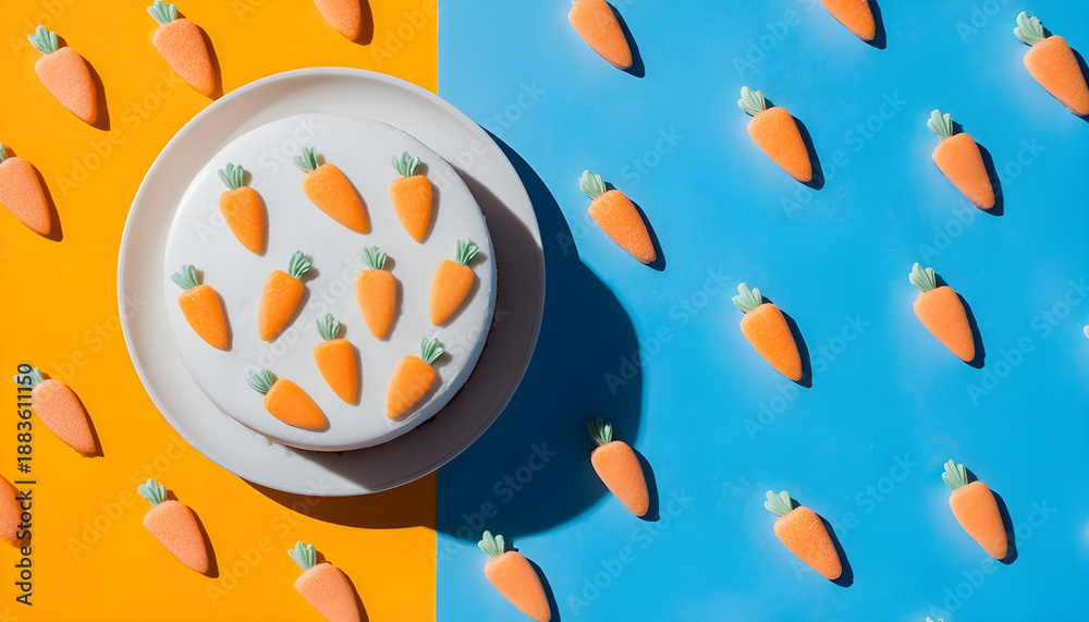 Fototapeta premium White plate holding Easter cake decorated with small carrot shapes on a bright surface