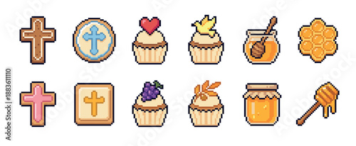 Set of religious pixel art icons featuring Christian symbols like the cross, dove, and grapes on cookies and cupcakes with honey jars for a faith celebration concept