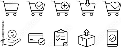 Set of black line icons representing online shopping and delivery process including shopping carts, payment, gift box, checklist, truck, tracking, location pin, and parcel. Minimalist outline icon set