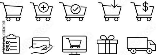 Set of black line icons representing online shopping and delivery process including shopping carts, payment, gift box, checklist, truck, tracking, location pin, and parcel. Minimalist outline icon set