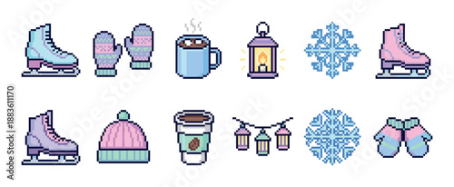 Collection of winter-themed pixel art icons featuring cozy items like ice skates, warm mittens, a hot beverage, and lanterns in a retro 8-bit video game aesthetic