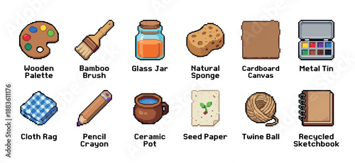 Pixel art icon set of eco-friendly art and craft supplies showing a palette, brush, paint, and sketchbook for a sustainable hobby or creative project concept