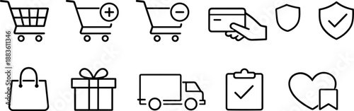 Set of black line icons representing online shopping and delivery process including shopping carts, payment, gift box, checklist, truck, tracking, location pin, and parcel. Minimalist outline icon set