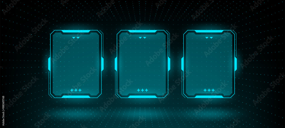Obraz premium Three glowing hud vector graphics frames for technology communication. Abstract futuristic infographic display with empty light interface.