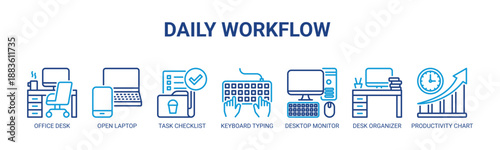 Daily Workflow web banner icon vector illustration concept with icons of office desk, open laptop, task checklist, keyboard typing, desktop monitor, desk organizer, productivity chart.