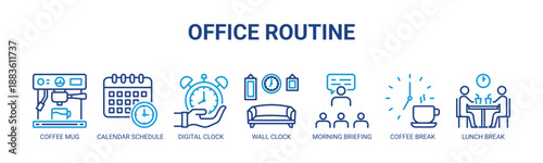 Office Routine web banner icon vector illustration concept with icons of coffee mug, calendar schedule, digital clock, wall clock, morning briefing, coffee break, lunch break.