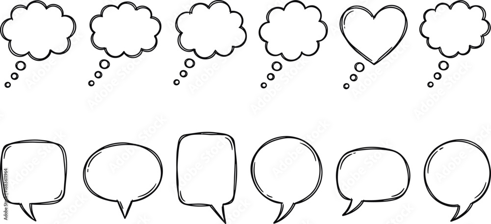 Fototapeta premium Collection of hand-drawn speech and thought bubbles in a sketch style.