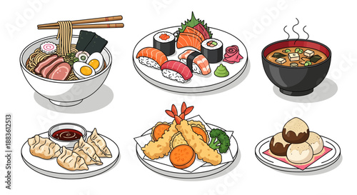 Assorted Japanese Dishes on Plates and Bowls.