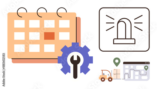 Logistics management, scheduling, planning, delivery services, alarm alerts, business tools. Calendar, gear with wrench alert icon truck and map with route. Logistics management and scheduling