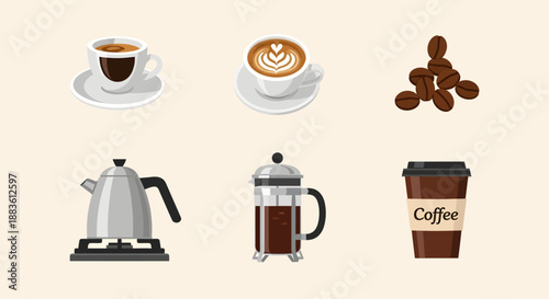 Coffee Cups Beans Kettle French Press To Go.