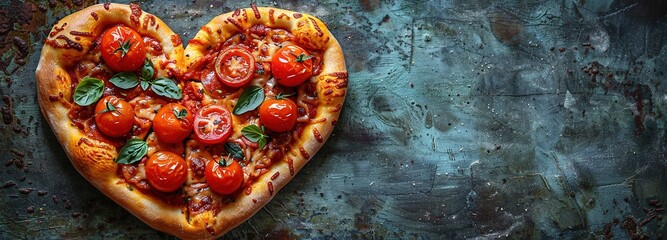 Delicious vegetarian heart shaped pizza with tomatoes, vegetables and cheese for Valentine's Day on black background. Creative food concept of romantic love. Top view, flat lay