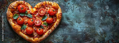 Delicious vegetarian heart shaped pizza with tomatoes, vegetables and cheese for Valentine's Day on black background. Creative food concept of romantic love. Top view, flat lay