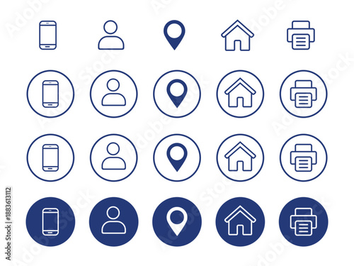 Set of five blue and white outline icons isolated on transparent background