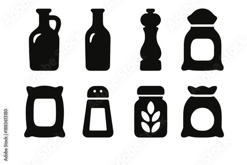 Pantry Icon Set. Stircraft Pantry Essentials icon set in silhouette bold style. Contain olive oil bottle, vinegar bottle, salt shaker, pepper mill, sugar sack, flour bag, spice jar, grain container