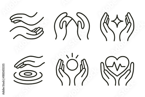 Embracing Hands Icons. Compassionate Touch set in outline vector style : embracing hands, linked arcs, caring spark, soft ripple, gentle glow, connected line, tender mark, heart pulse