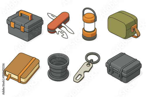 Isometric Survival Essentials. Useful Keepsakes set in isometric flat vector : sturdy toolbox, multipurpose knife, compact lantern, travel pouch, durable