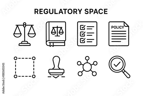 Icons of Regulatory Space. Regulatory Space set in outline vector style: scale symbol, rulebook icon, compliance checklist, policy document, boundary line,