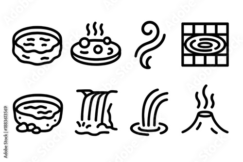 Thermal Icon Collection. Thermal Cove Hot Water Elements set in outline vector style : thermal pool, bubbling spring, steam swirl, ripple tile, mineral basin, waterfall stream, water jet, thermal vent