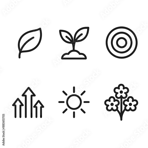 Positive Growth Icons. International Women’s Day Positive Energy growth set in outline vector style: budding leaf, rising sprout, expansion ring, upward arrows, sunlight ray, blooming cluster