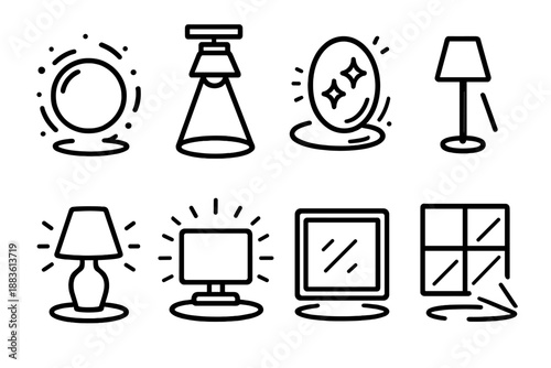 Iconic Light Dynamics. Try-On Atmosphere set in outline vector style : ambient glow orb, spotlight beam, reflection shimmer, floor highlight, lamp glow, display aura, window light, accent beam