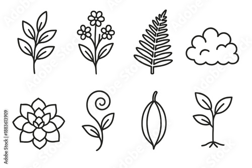 Outlined Plant Icons. Plant Diversity set in outline vector style: leafy sprig, flowering stem, fern frond, moss patch, succulent rosette, vine curl, seed pod, tree sapling
