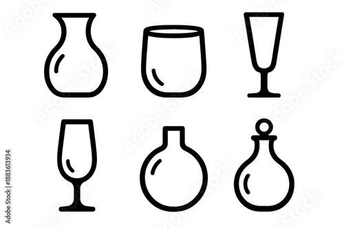 Brutalist Glass Icons. Glass Vessels icon set in silhouette bold style. Contain carafe outline, rounded cup, tapered flute, gentle reflection line, curved base, clear bead