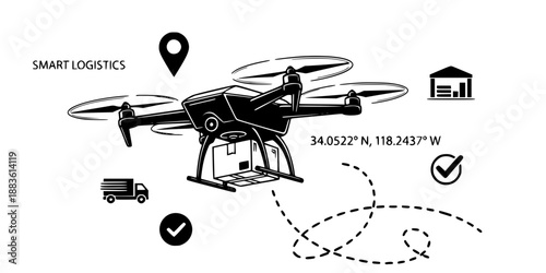 Delivery Drone Vector - Autonomous Quadcopter Package Transport with GPS Line Art Design