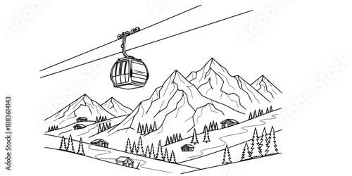 Ski Lift Gondola Vector - Mountain Cable Car with Alpine Winter Resort Line Art Illustration